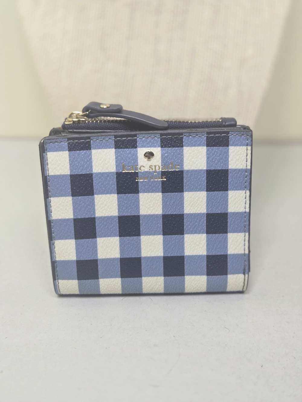 kate spade Blue and White Gingham Compact Card Wallet